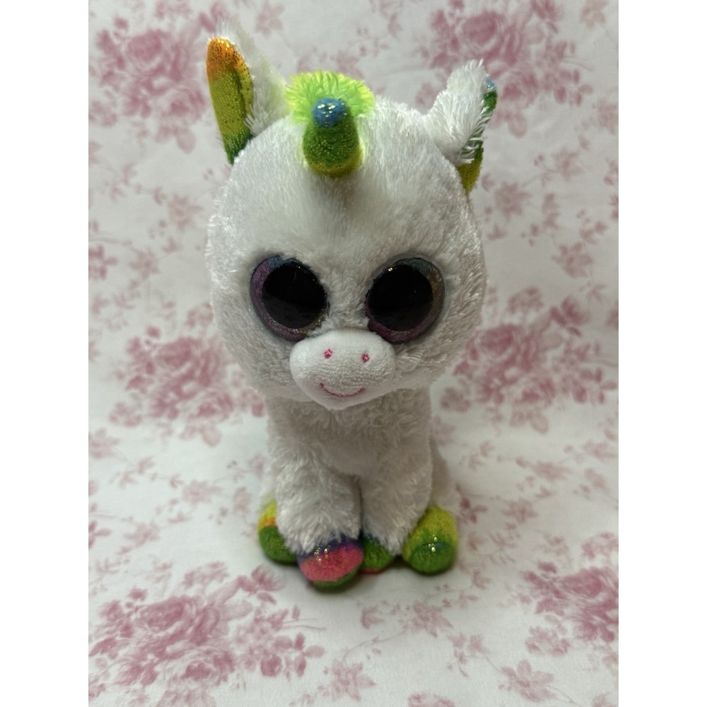 TY Beanie Boo Pixy Rainbow Unicorn Plush White Glitter Stuffed Animal 7"